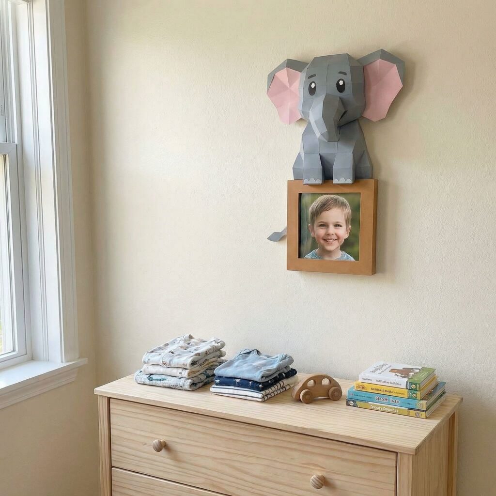 Cadre photo d'un éléphant en papercraft 3D