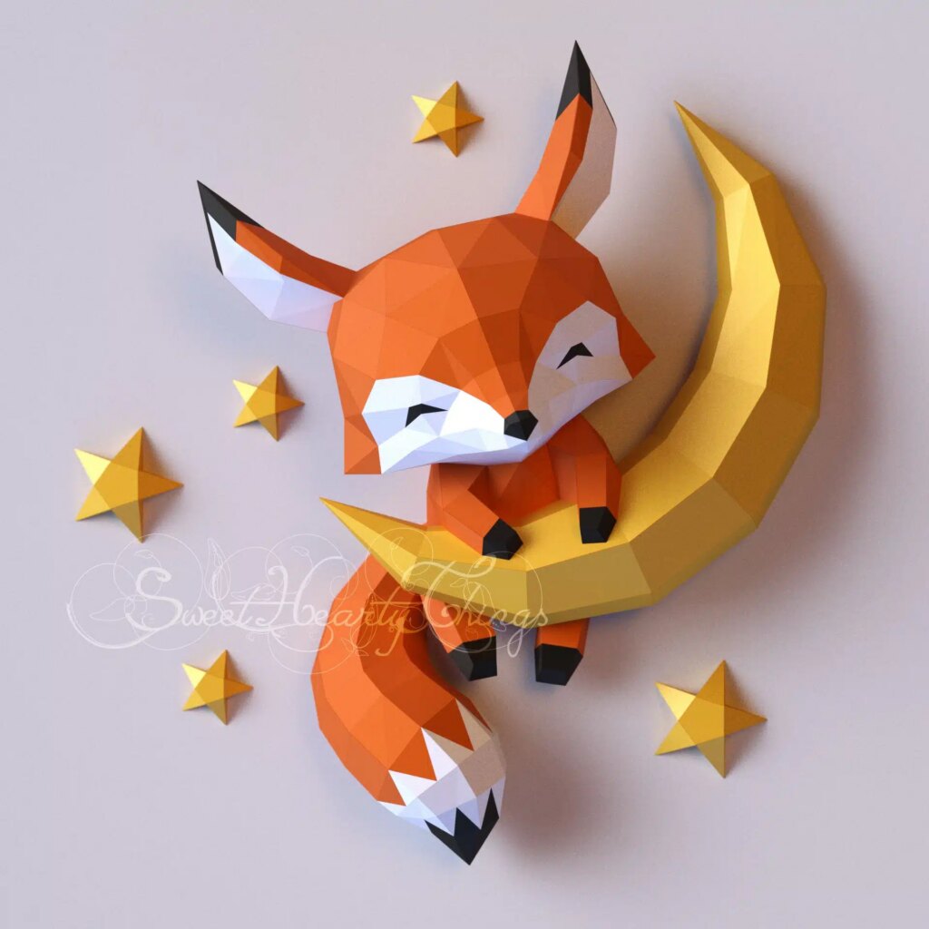 Papercraft bébé renard sur lune en origami