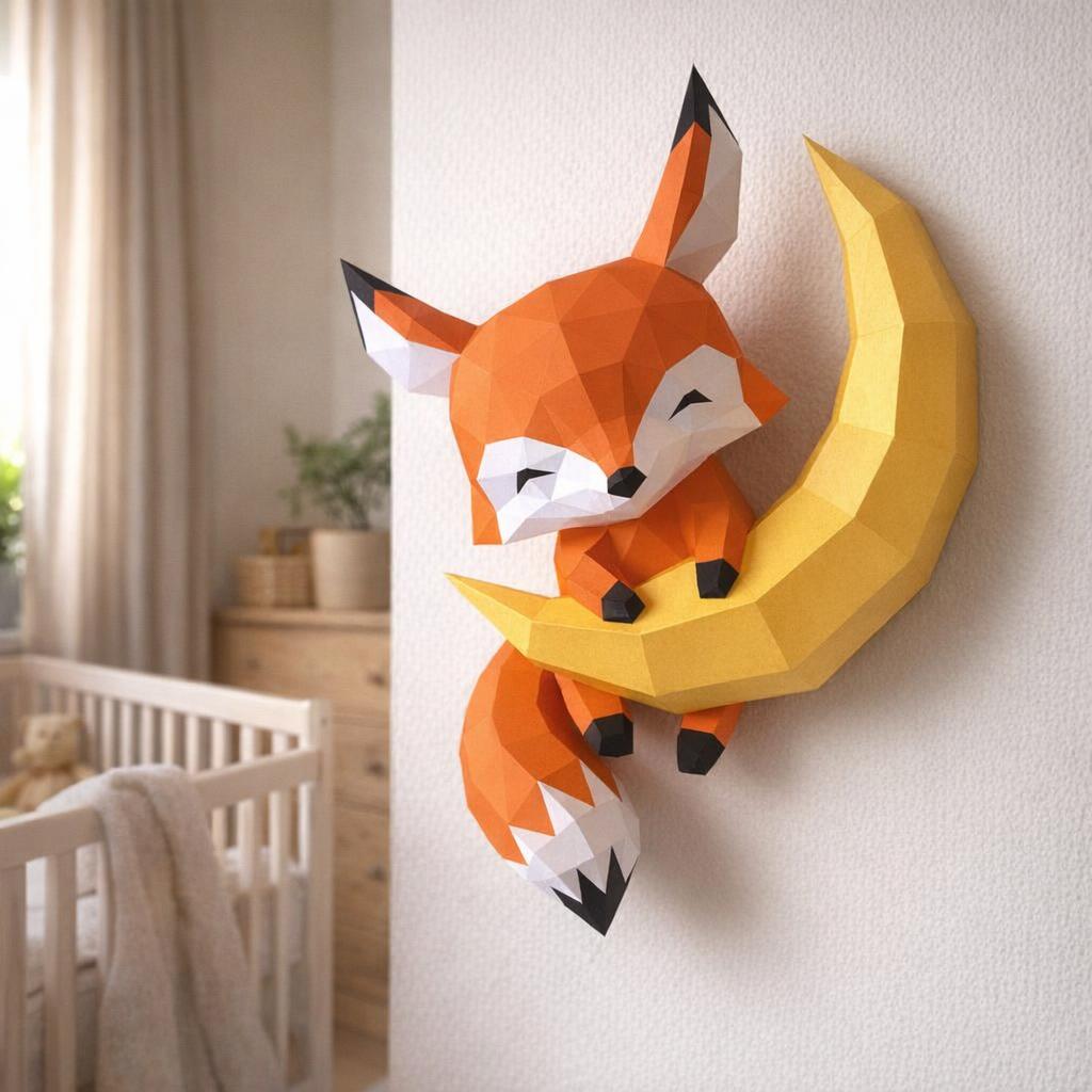 Papercraft bébé renard sur lune en origami