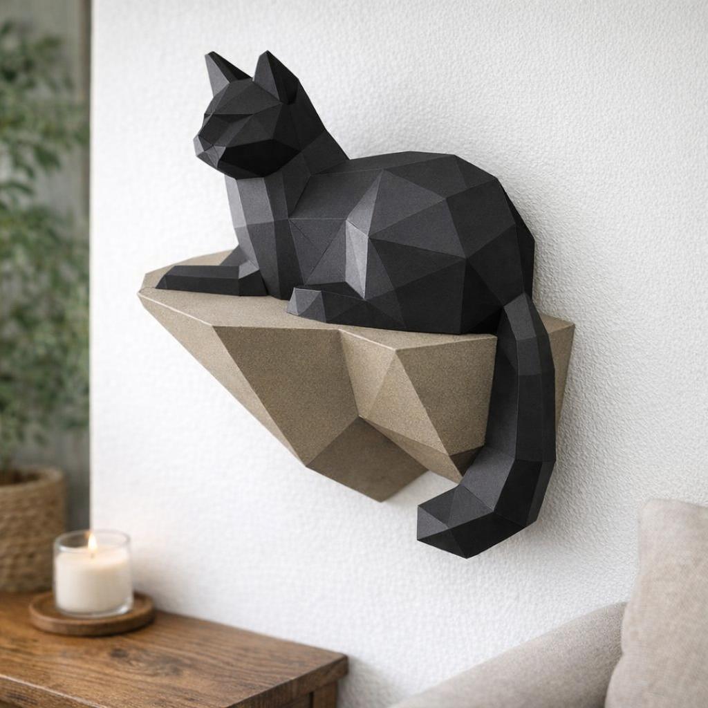 Papercraft chat sur un rocher en 3D