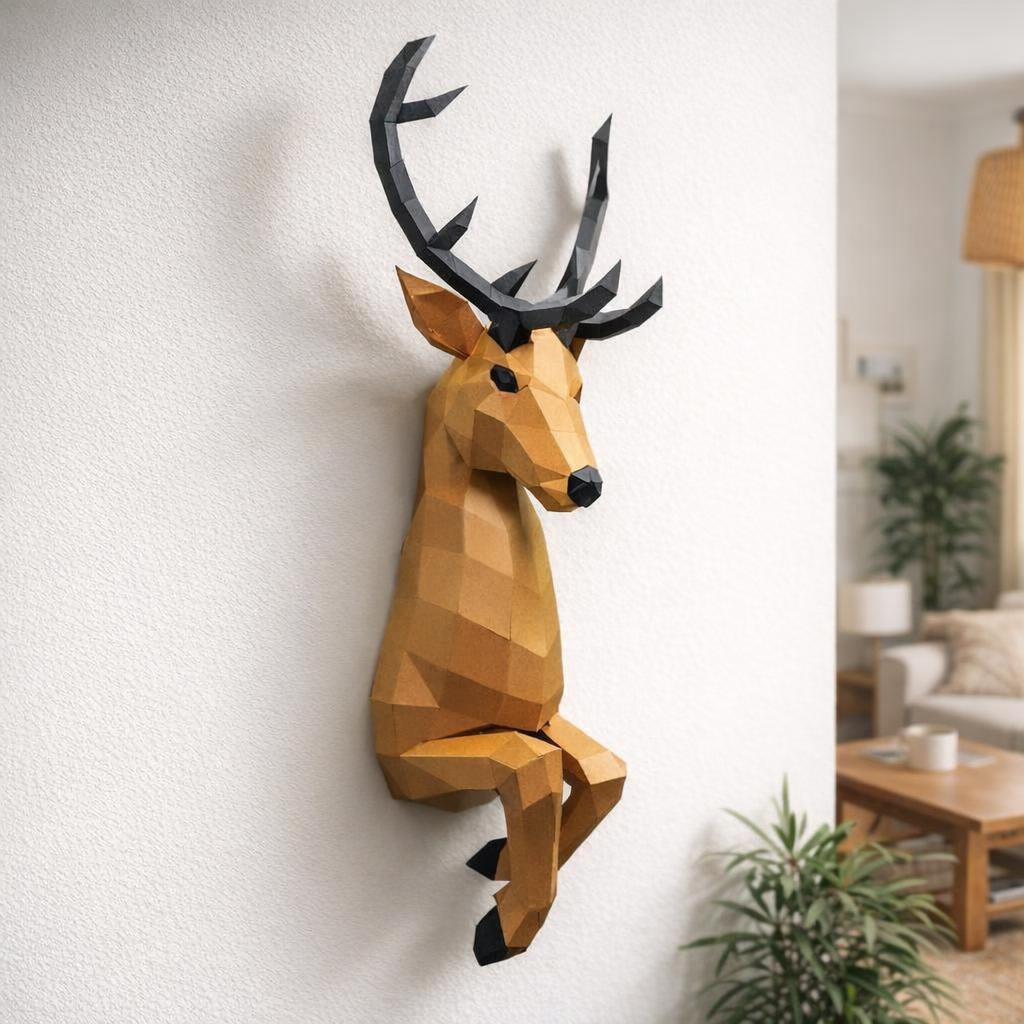 Papercraft de cerf sortant du mur en 3D
