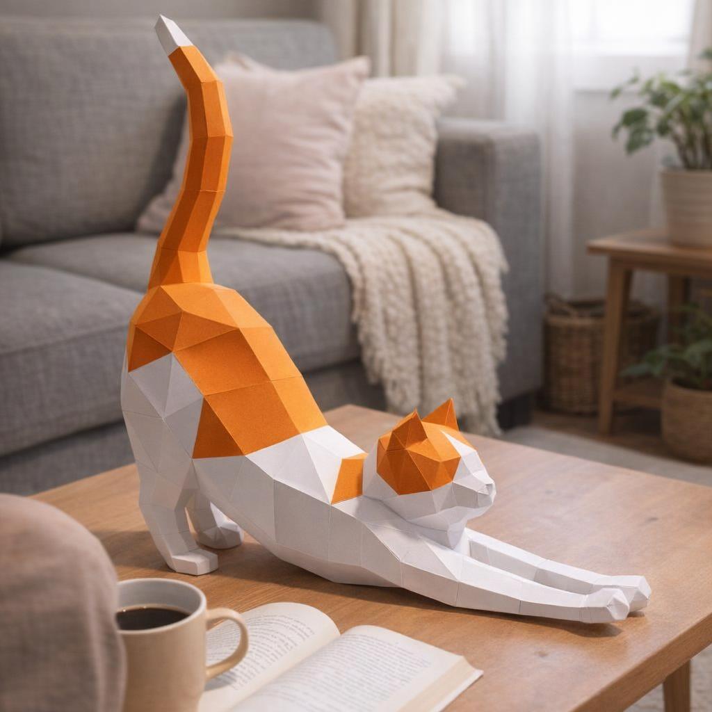Papercraft de chat étirant en 3D
