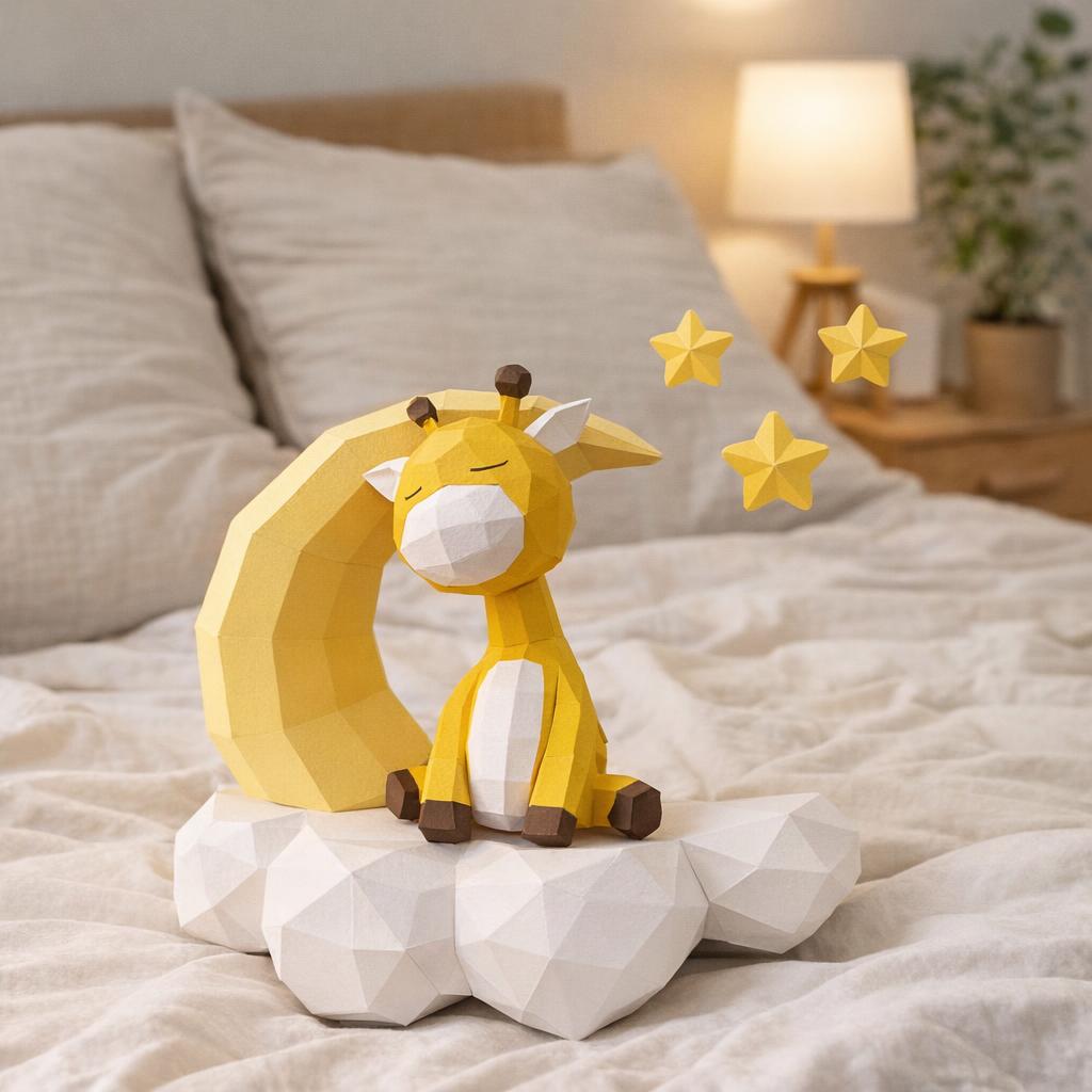 Papercraft girafe endormie sur la lune, modèle en papier 3D
