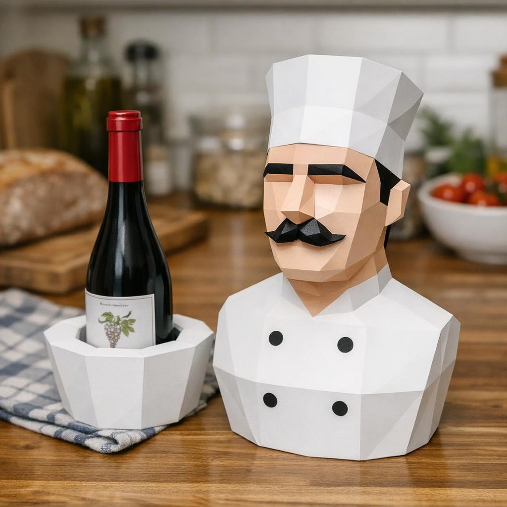 Porte-bouteille Chef – Buste de cuisinier en papercraft 3D
