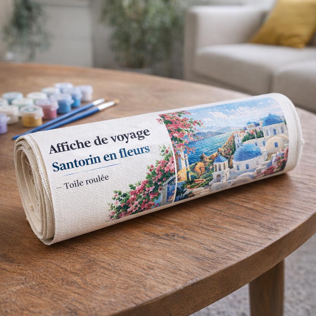 Affiche de voyage Santorin en fleurs - Toile roulée