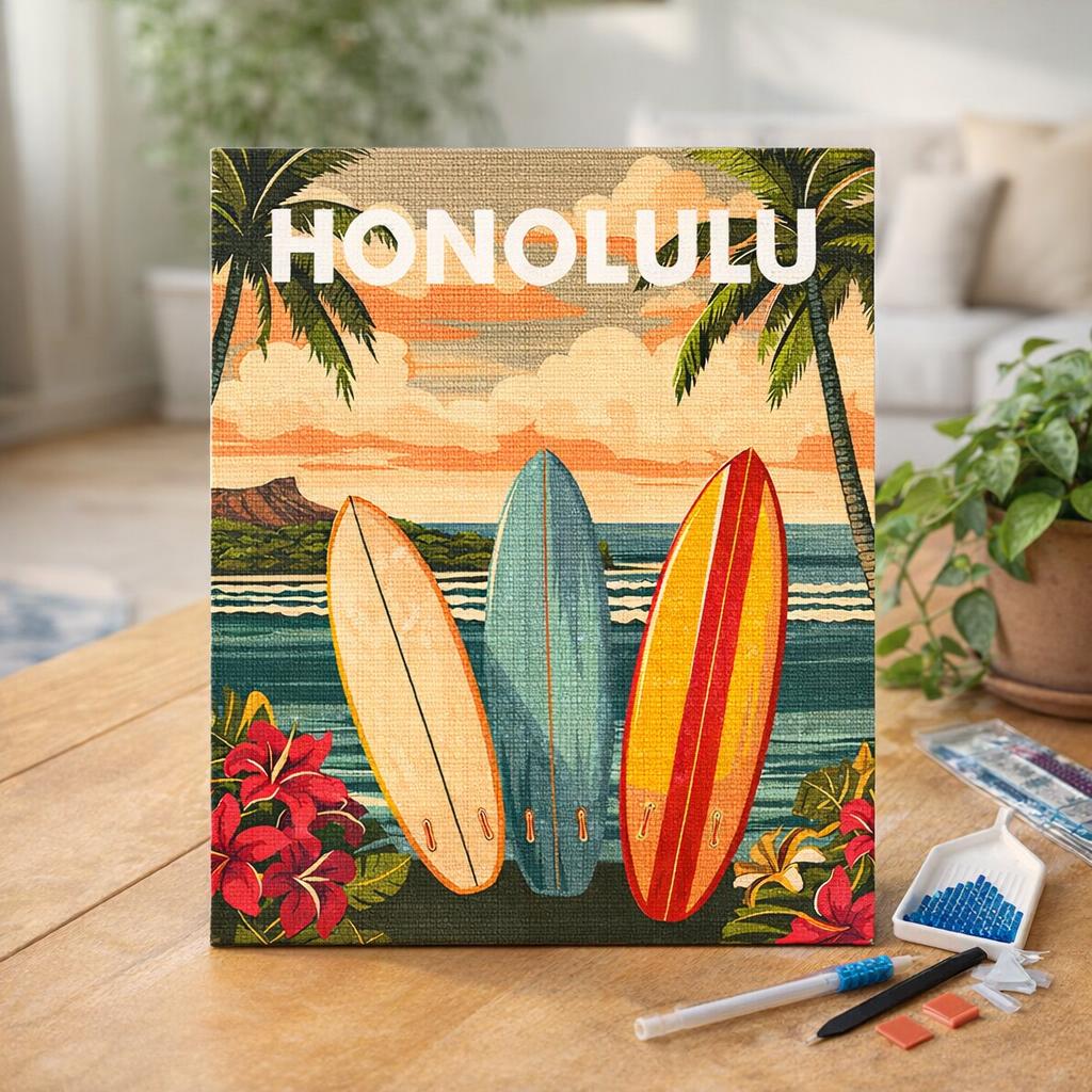 Broderie Diamant - Affiche de voyage Honolulu