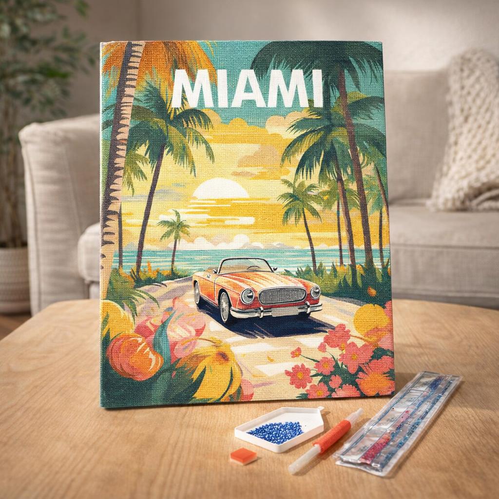 Broderie Diamant - Affiche de voyage Miami au coucher du soleil