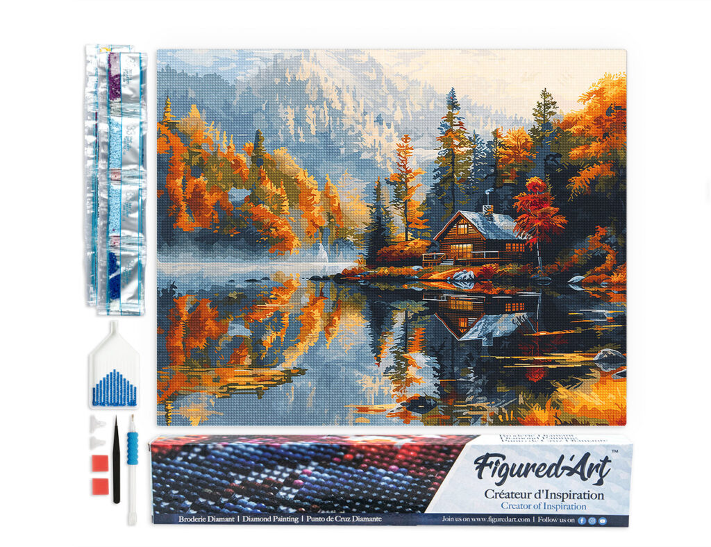 Broderie Diamant - Cabane au bord du Lac en Automne