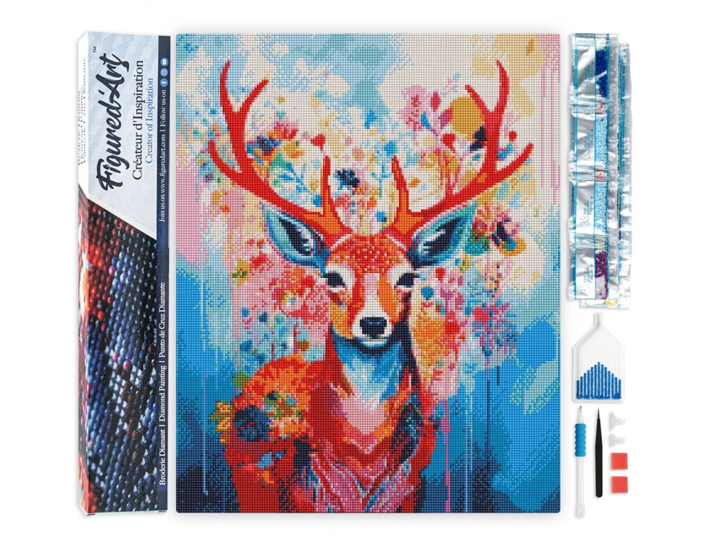 Broderie Diamant - Cerf coloré en fleurs