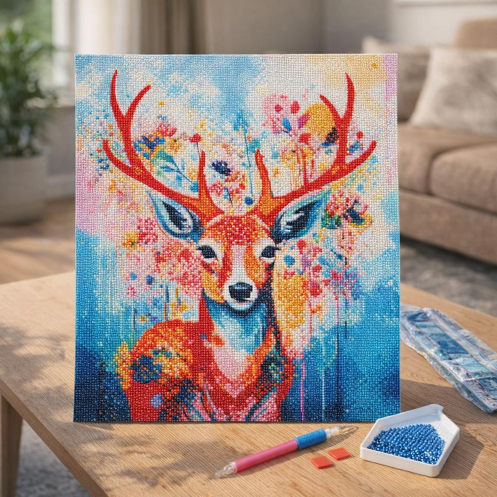 Broderie Diamant - Cerf coloré en fleurs