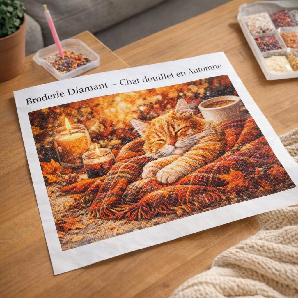 Broderie Diamant - Chat douillet en Automne