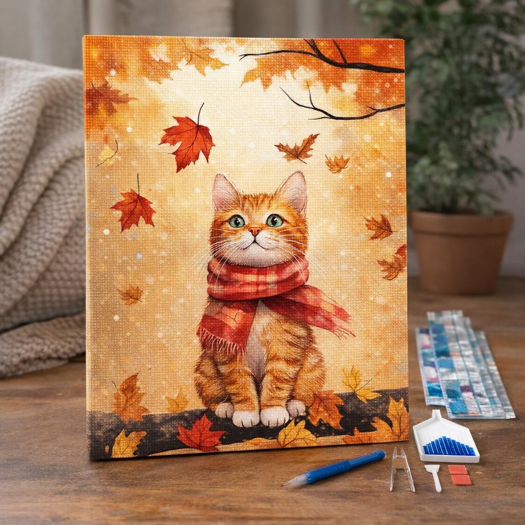 Broderie Diamant - Chat douillet en Automne