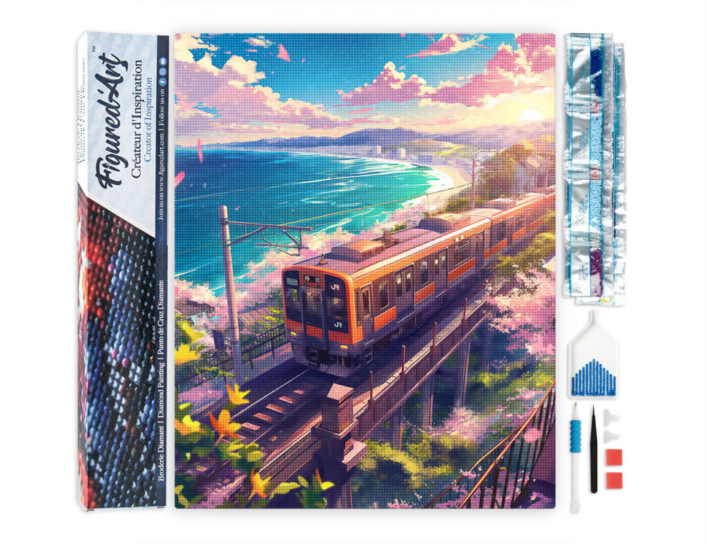 Broderie Diamant - Chemin de Fer des Cerisiers en Fleurs au Bord de l’Océan