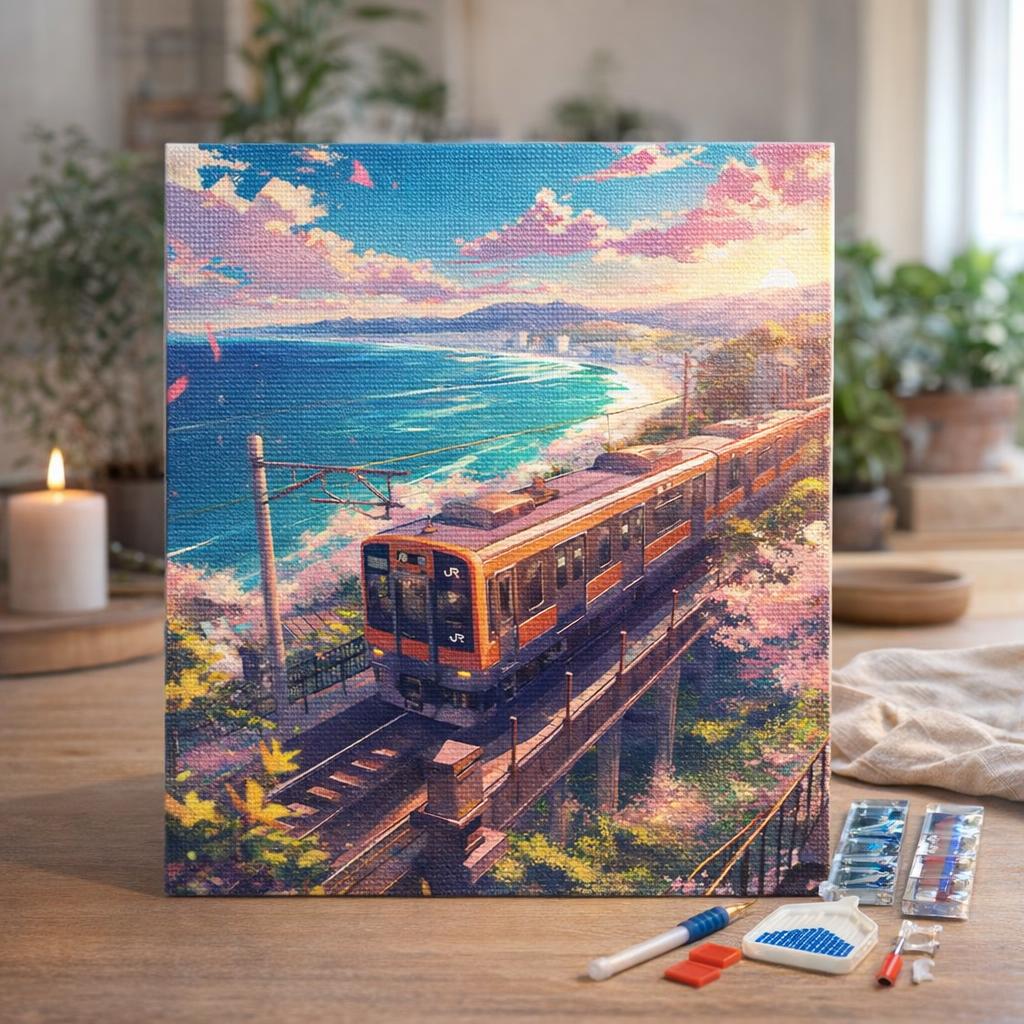 Broderie Diamant - Chemin de Fer des Cerisiers en Fleurs au Bord de l’Océan