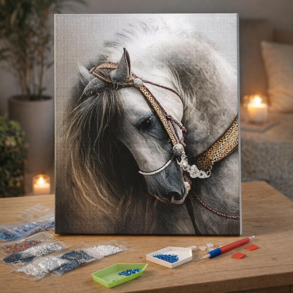 Broderie Diamant - Cheval gris élégant