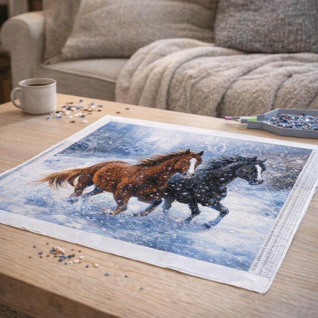Broderie Diamant - Deux Chevaux en Hiver