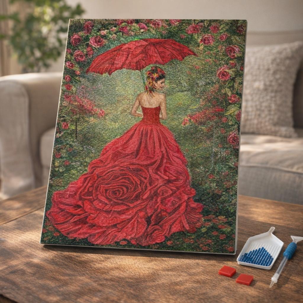 Broderie Diamant - Femme à la Robe rouge