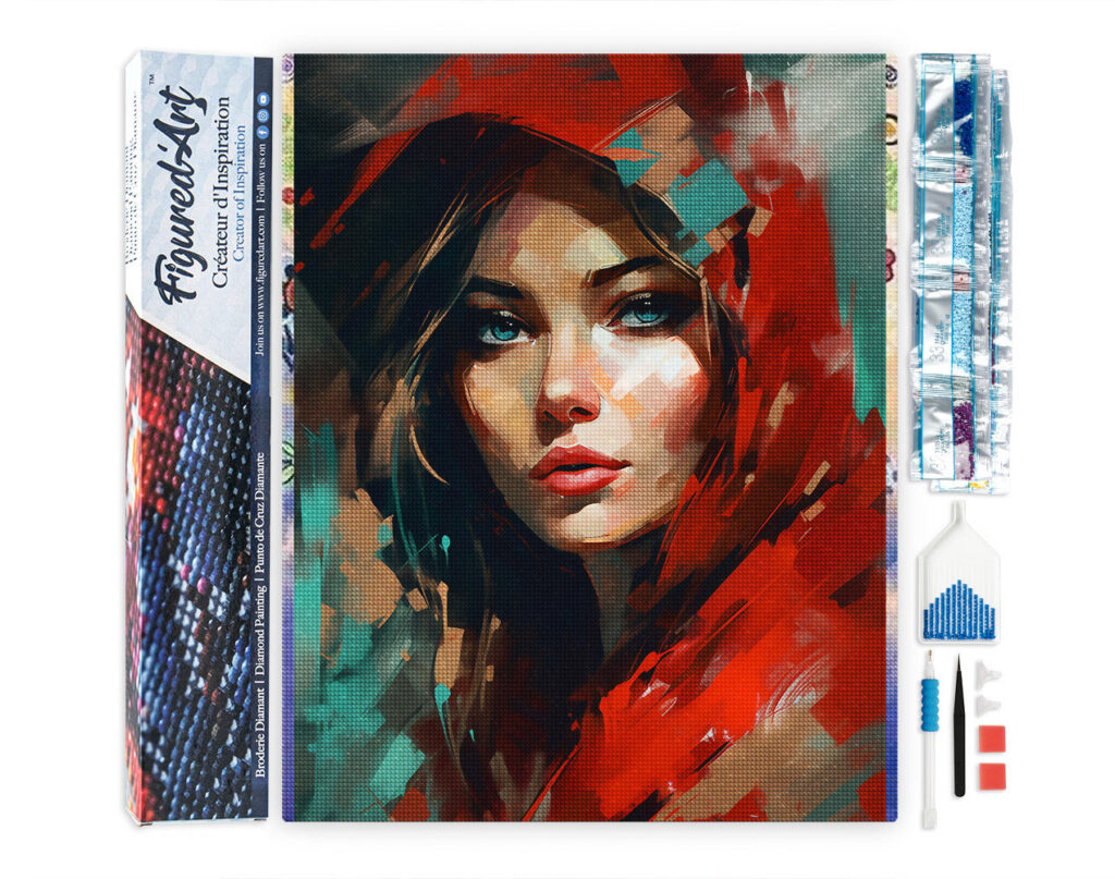 Broderie Diamant - Femme au foulard rouge