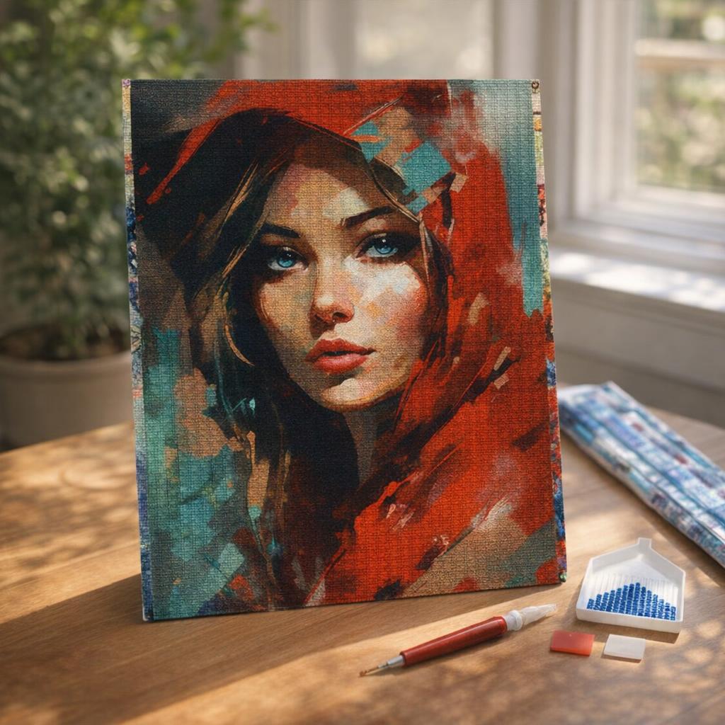 Broderie Diamant - Femme au foulard rouge