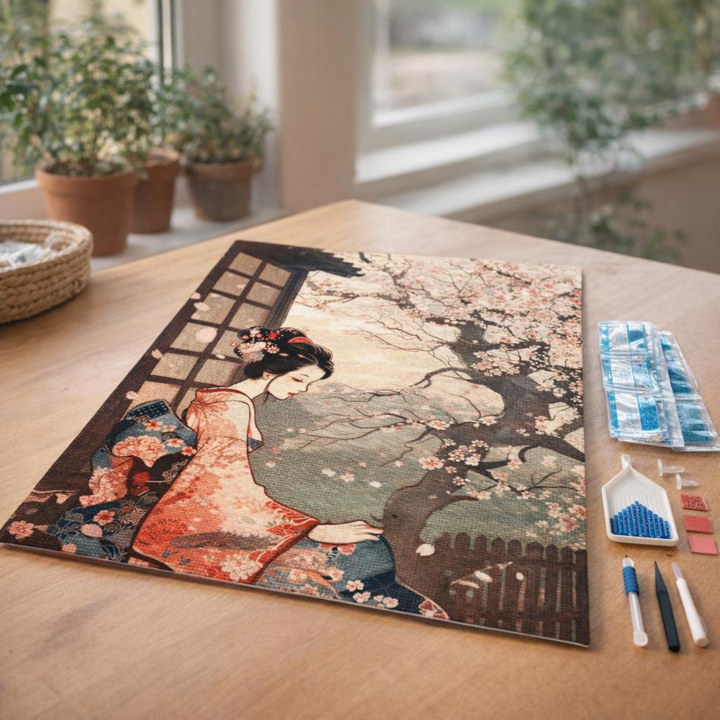 Broderie Diamant - Femme en Kimono Vintage et Cerisiers en Fleurs