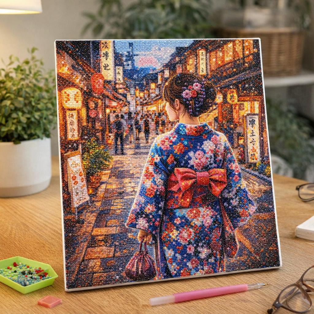 Broderie Diamant - Femme en Yukata dans une Rue animée