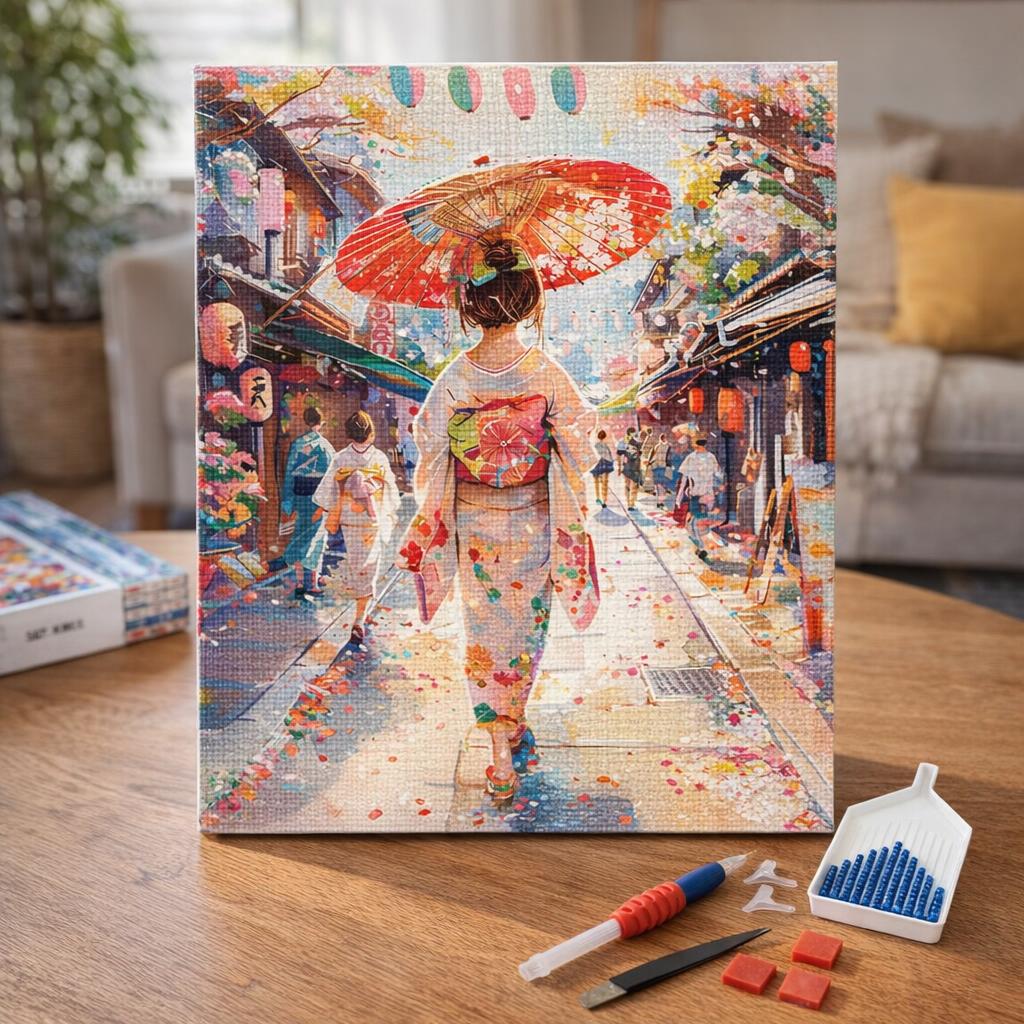 Broderie Diamant - Femme en Yukata dans une Rue animée