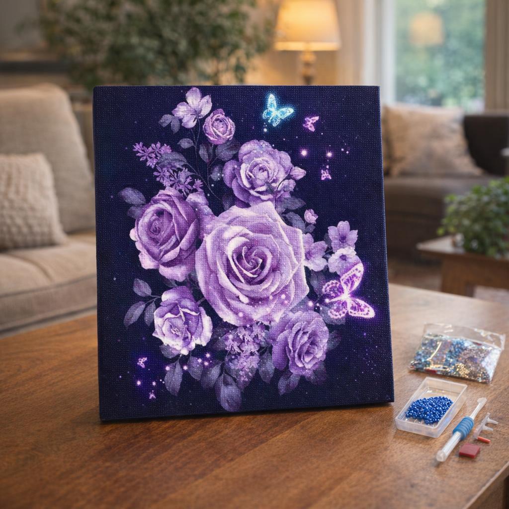 Broderie Diamant - Fleurs et Papillons en Violet