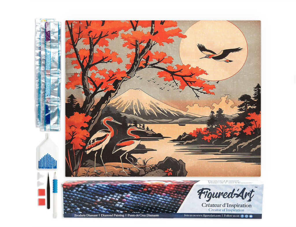 Broderie Diamant - Grues et Vue sur le Mont Fuji