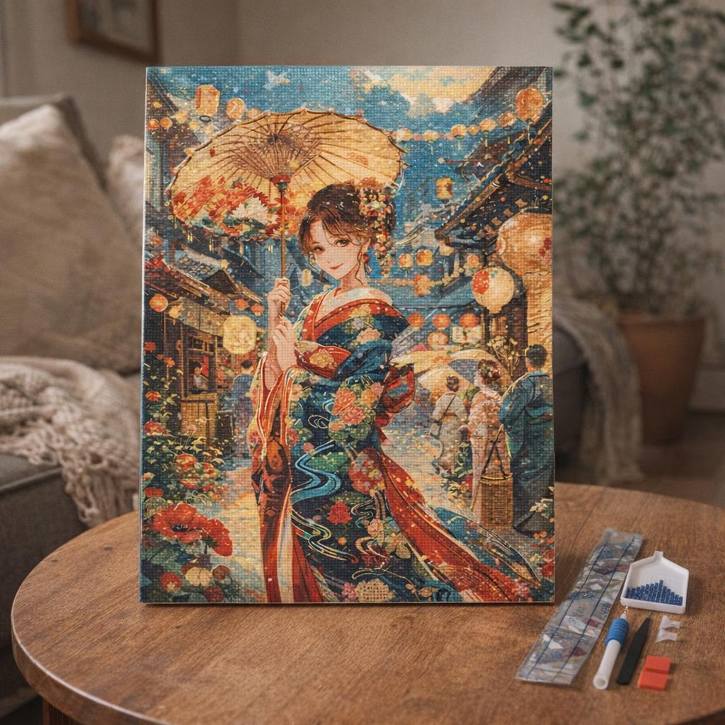 Broderie Diamant - Jeune Fille en Kimono au Festival des Lanternes