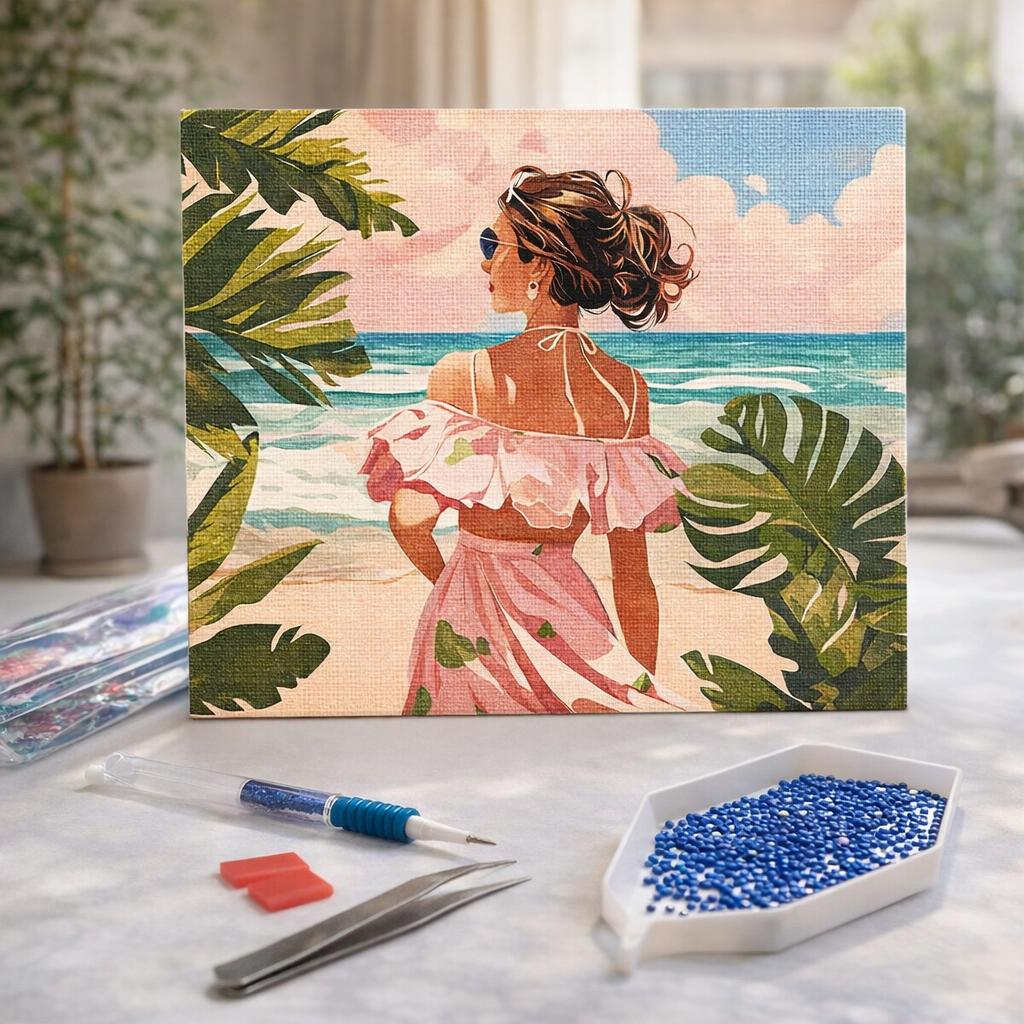 Broderie Diamant - Jolie fille au bord de la mer