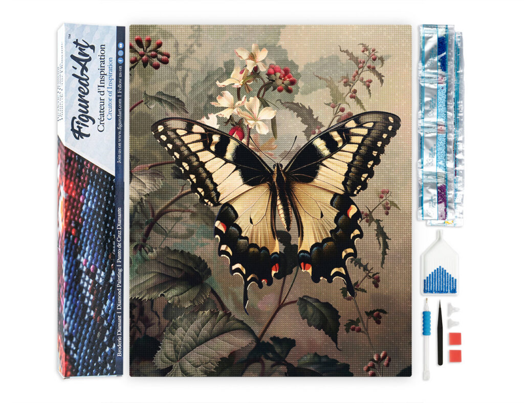 Broderie Diamant - Machaon et Fleurs blanches