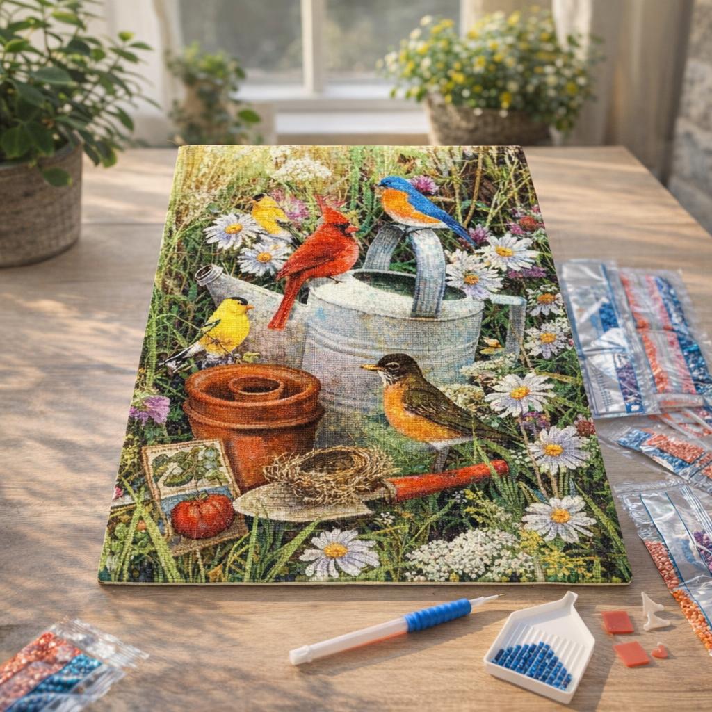 Broderie Diamant - Oiseaux dans le Jardin