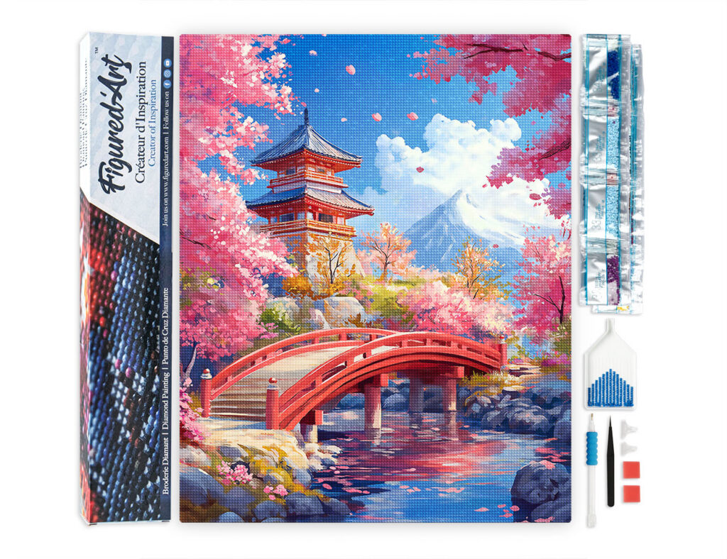 Broderie Diamant - Pont Rouge et Cerisiers en Fleurs