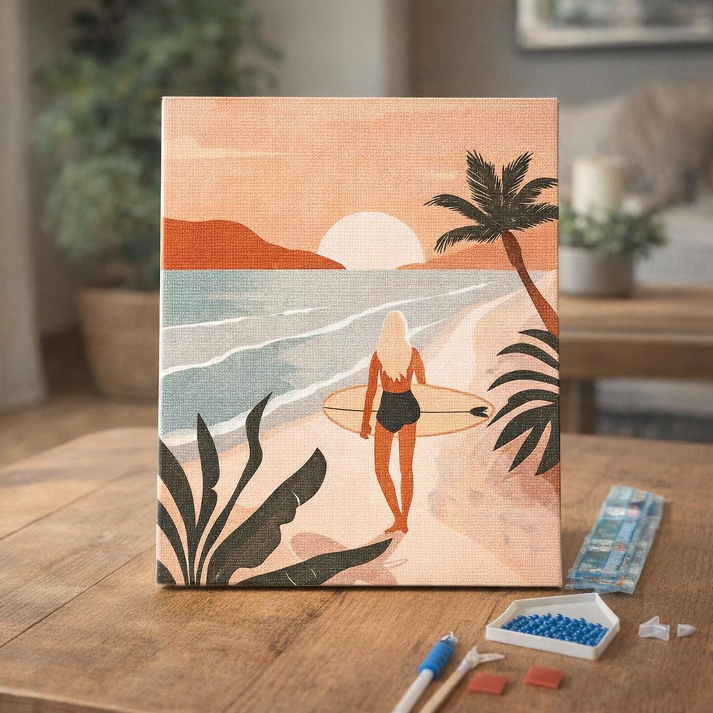 Broderie Diamant - Promenade sur la plage au coucher du soleil