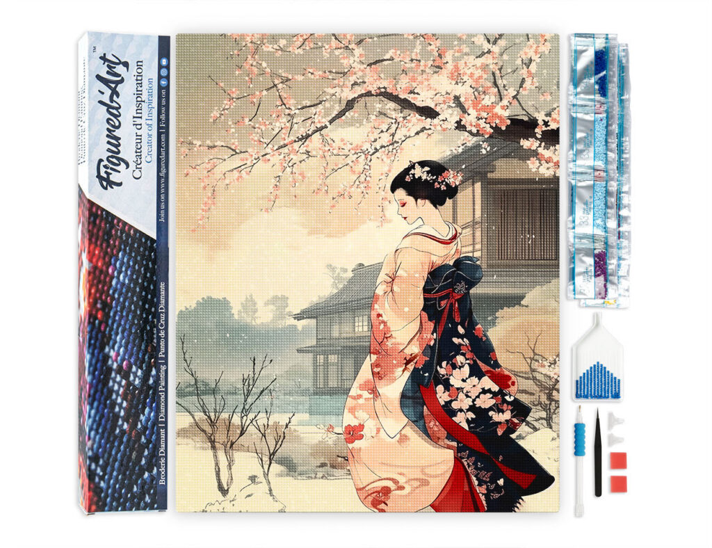 Broderie Diamant - Scène Vintage d’une Geisha en Hiver