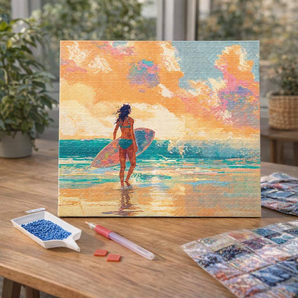Broderie Diamant - Surfeuse à l'aube