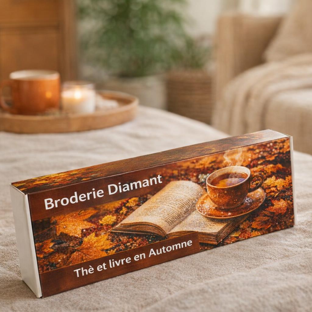 Broderie Diamant - Thé et livre en Automne