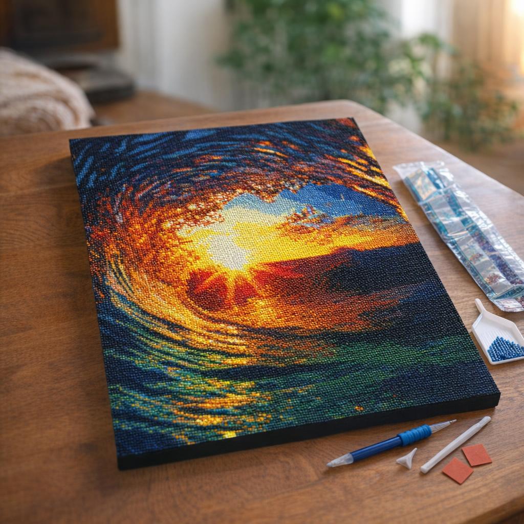 Broderie Diamant - Vague et coucher de soleil