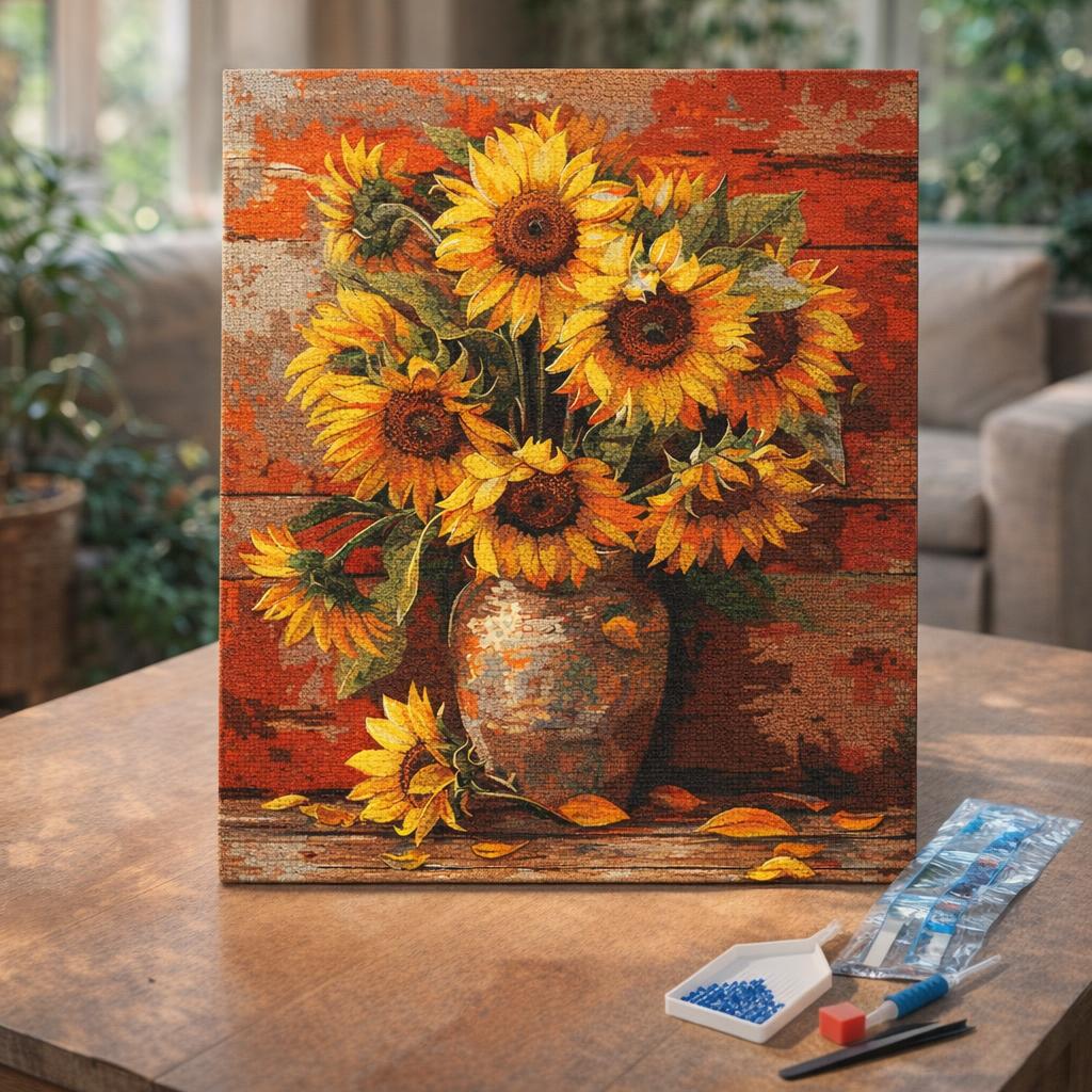 Broderie Diamant - Vase de tournesols automnal