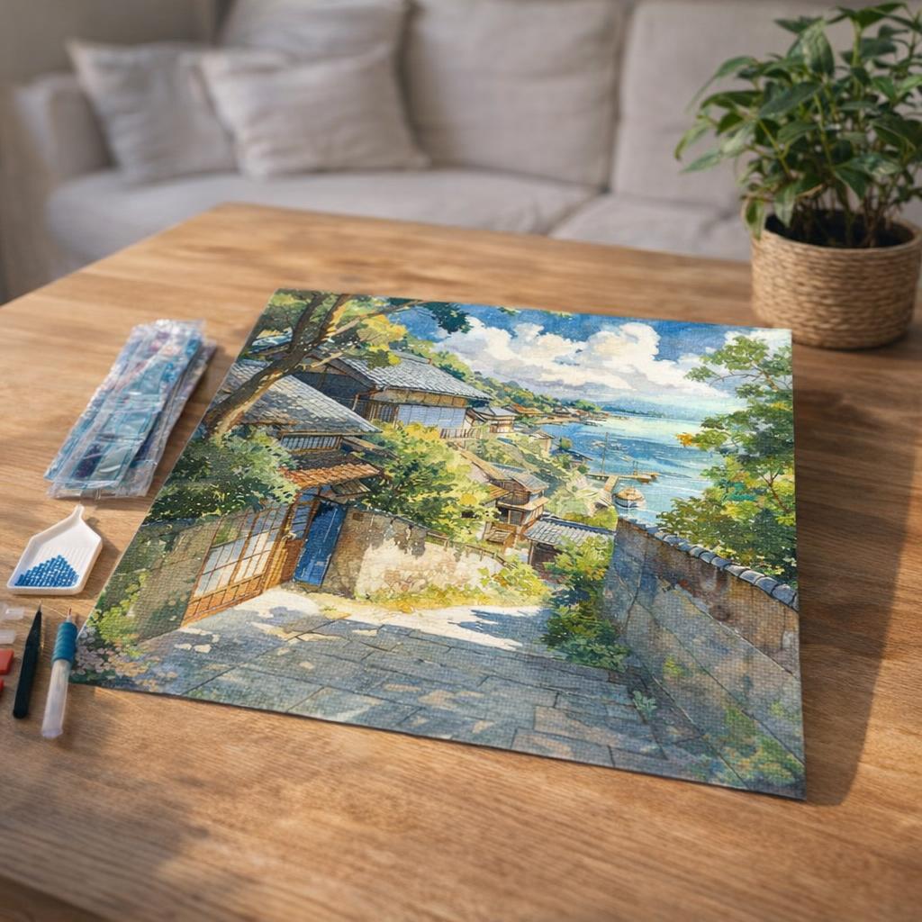 Broderie Diamant - Village Côtier au Japon