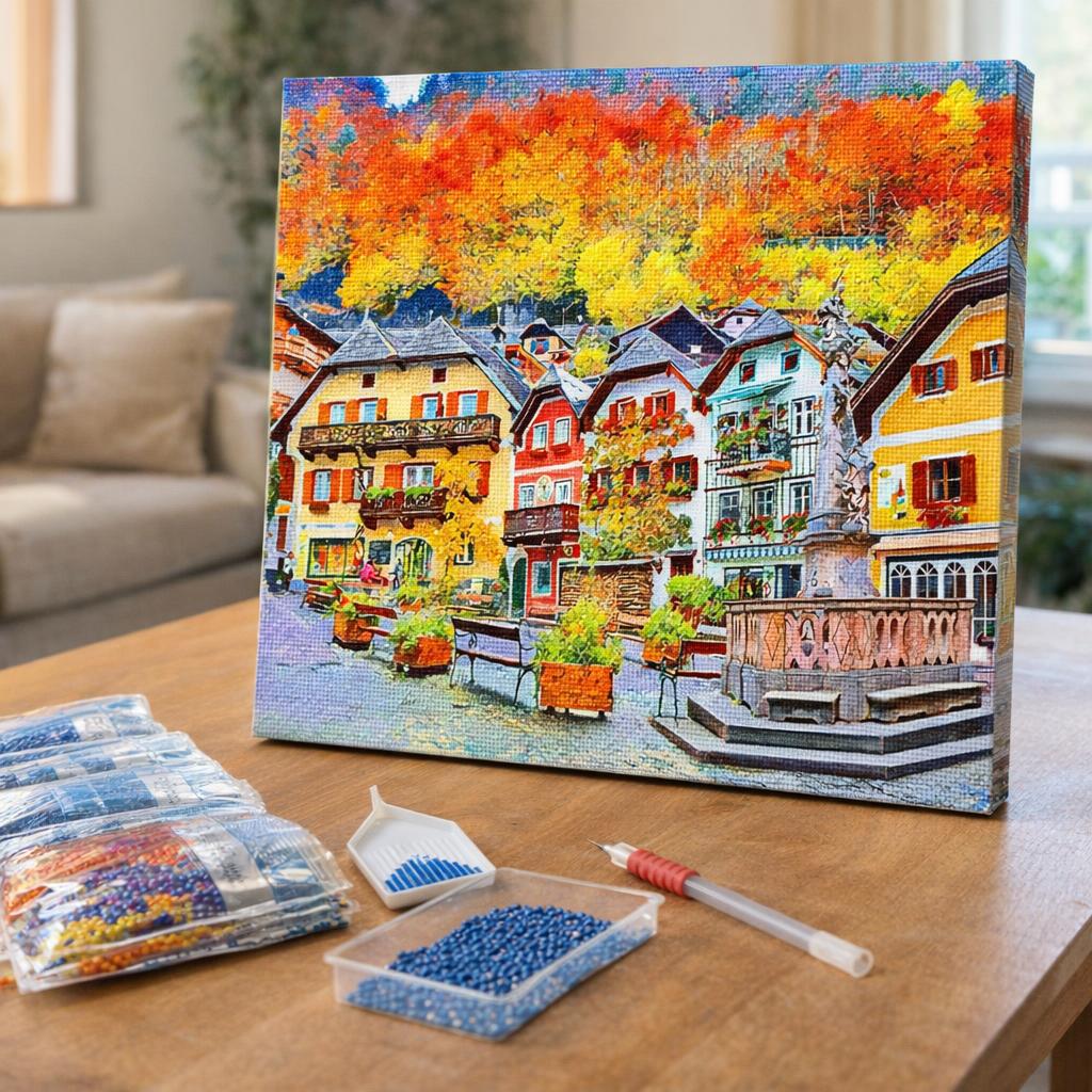 Broderie Diamant - Village Suisse coloré