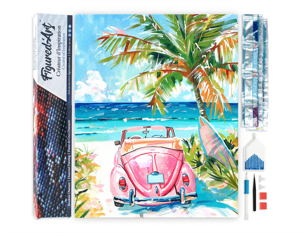 Broderie Diamant - Voiture rose près de la mer