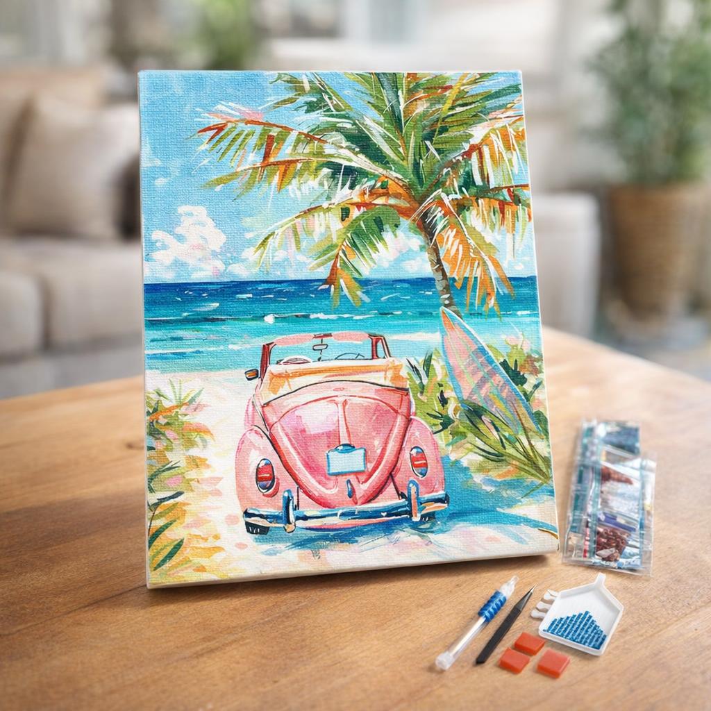 Broderie Diamant - Voiture rose près de la mer