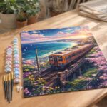 Chemin de Fer des Cerisiers en Fleurs au Bord de l’Océan - Toile roulée