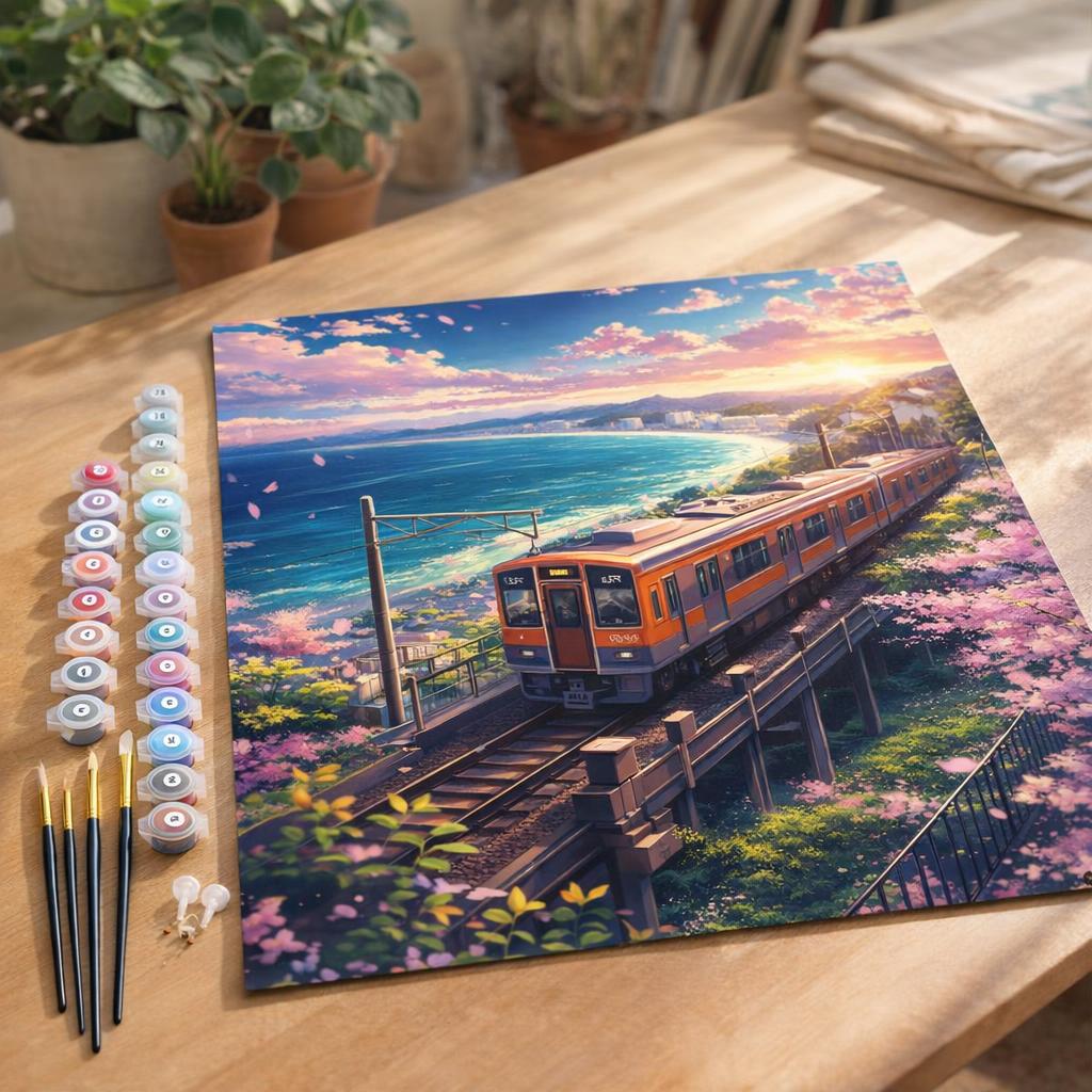 Chemin de Fer des Cerisiers en Fleurs au Bord de l’Océan - Toile roulée