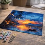 Coucher de soleil sur la plage et lanternes - Toile roulée