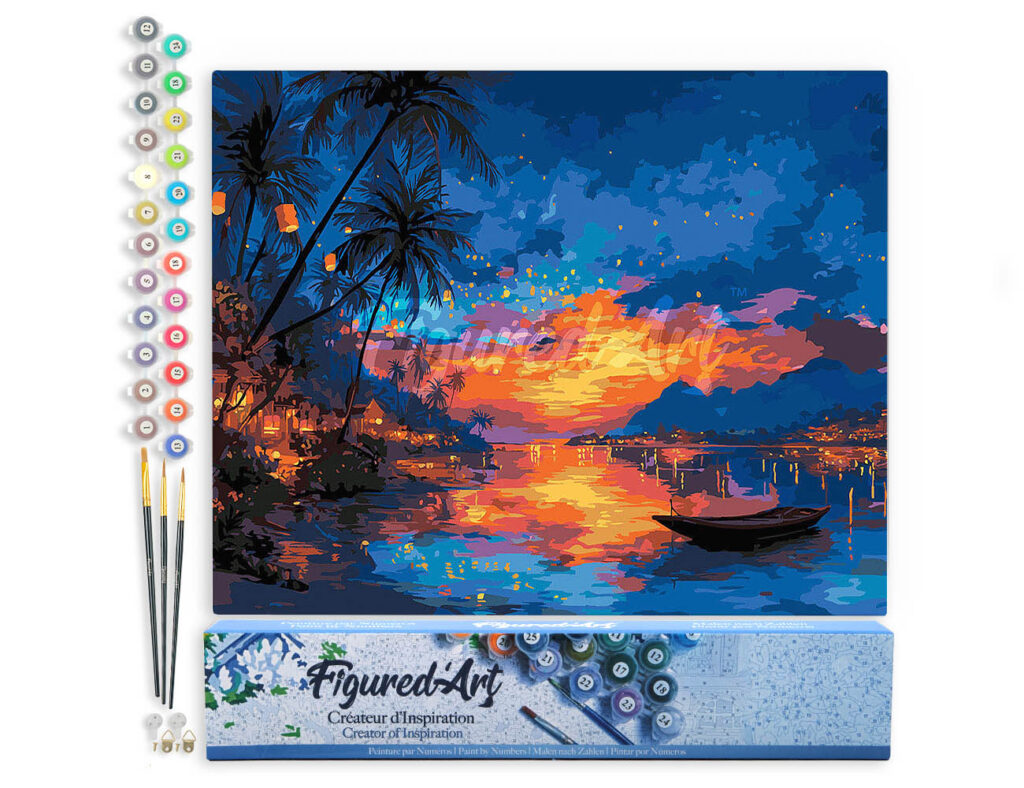 Coucher de soleil sur la plage et lanternes - Toile roulée