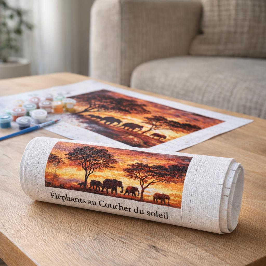 Éléphants coucher soleil