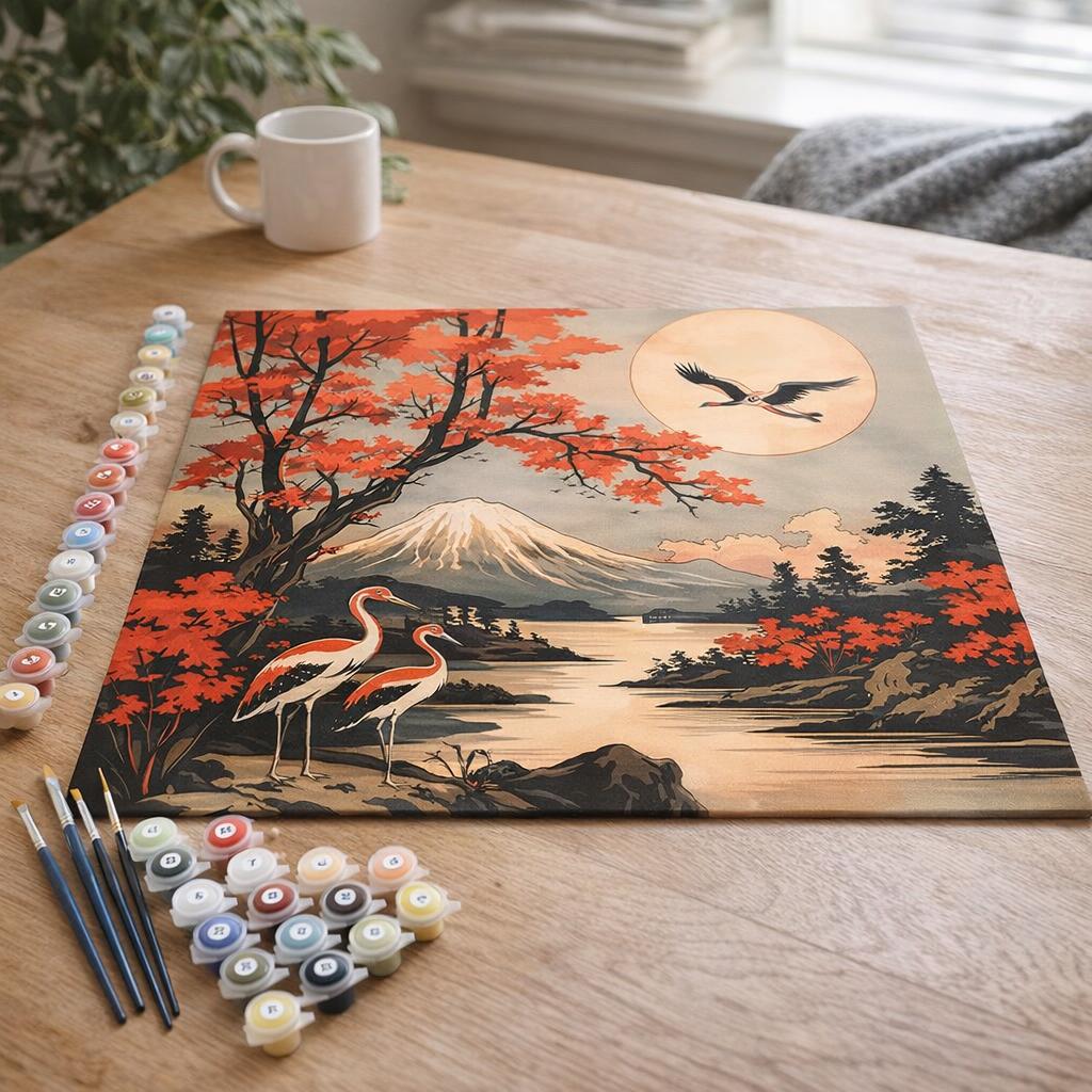 Grues et Vue sur le Mont Fuji - Toile roulée