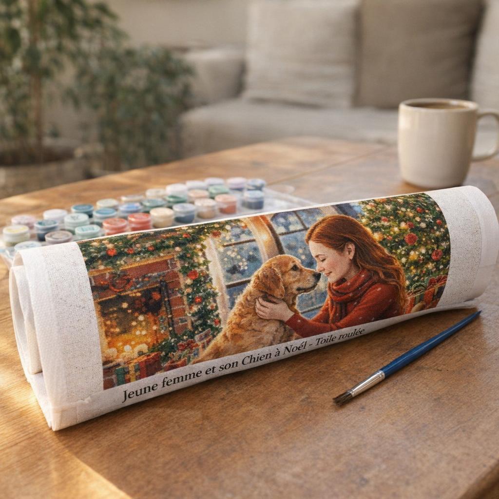 Jeune femme et son Chien à Noël - Toile roulée